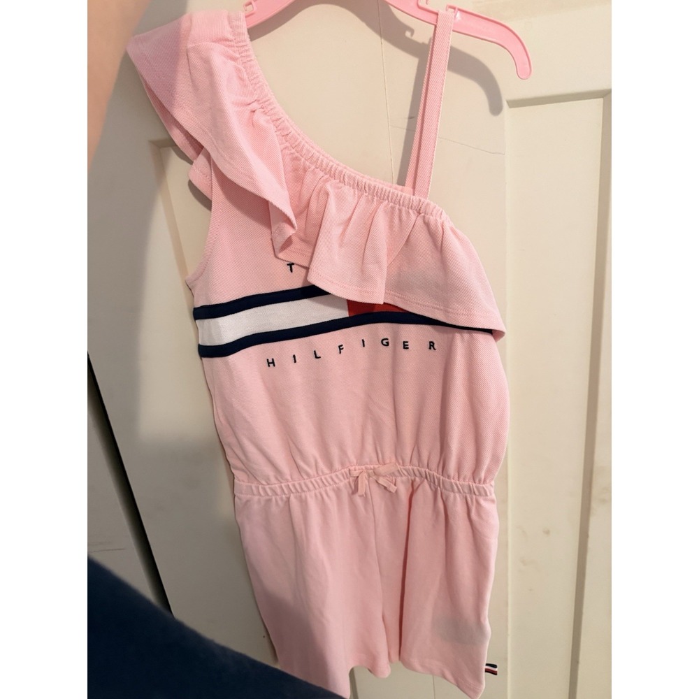 NEW Tommy Hilfiger Girls Pink Romper With Ruffle Size 6x One Piece 100% Cotton
